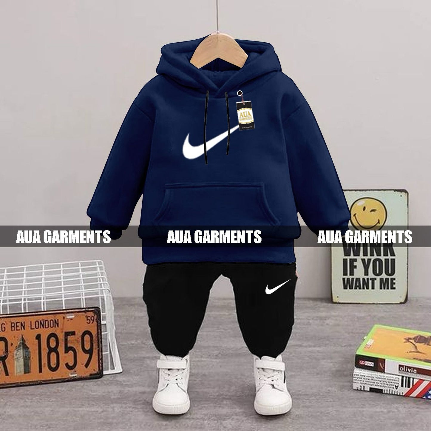 NAVY BLUE NIKE Printed Kid's Tracksuit Set with Hoodie and Trousers (1-10 Years)