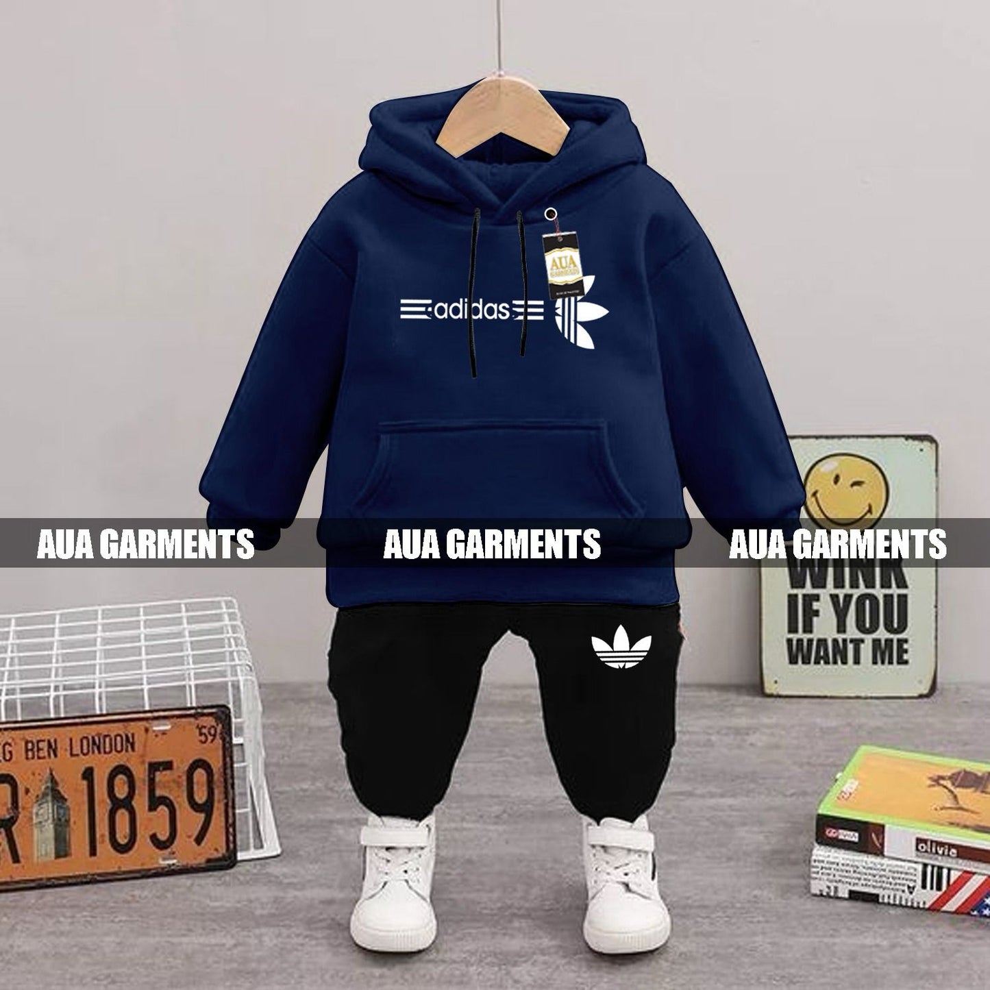 NAVY BLUE ADDIDAS Printed Kid's Tracksuit Set with Hoodie and Trousers (1-10 Years)