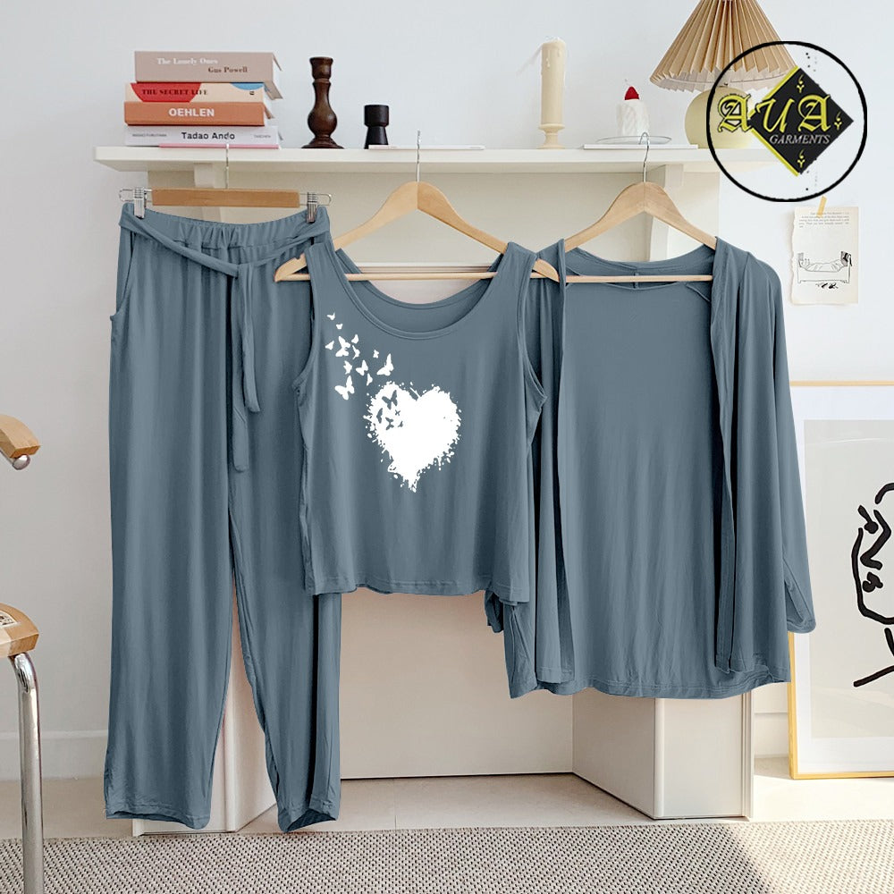 Dark Grey Flying Butterfly Heart 3 Piece Lounge wear Nightwear Sleepwear For Women