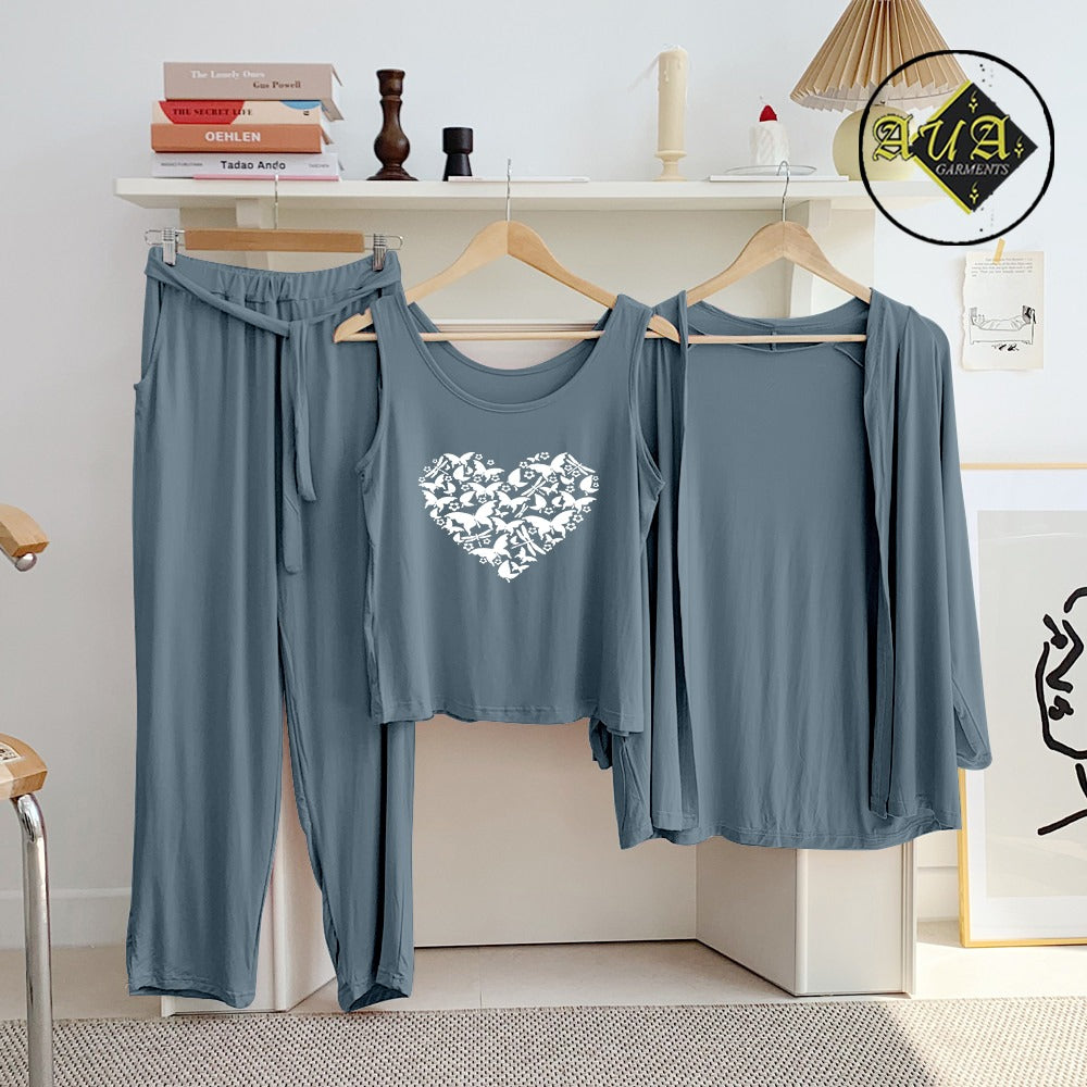 Dark Grey Butterfly Heart 3 Piece Lounge wear Nightwear Sleepwear For Women
