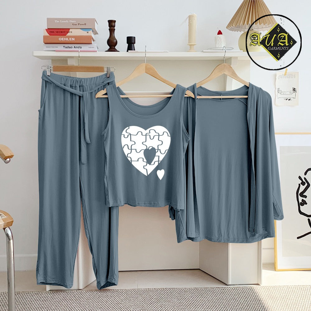 Dark Grey Puzzel Heart 3 Piece Lounge wear Nightwear Sleepwear For Women