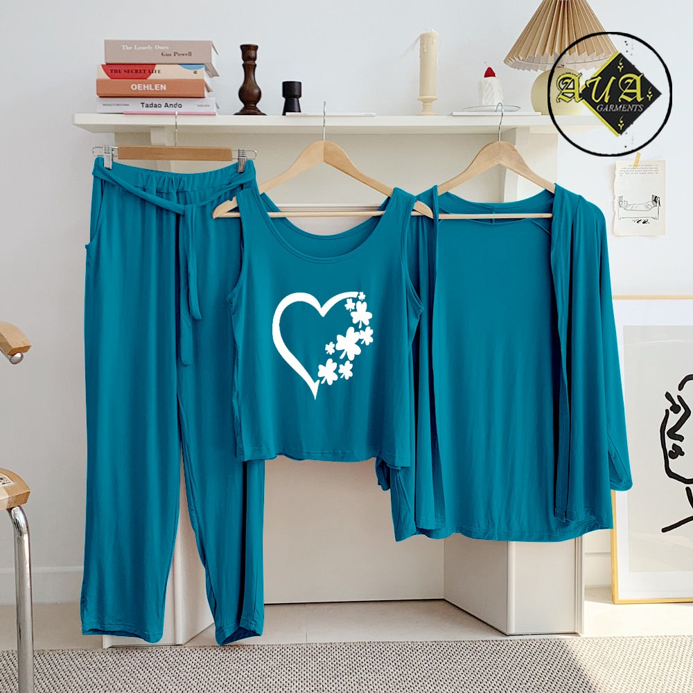 Aqua Blue Flower Heart 3 Piece Lounge wear Nightwear Sleepwear For Women