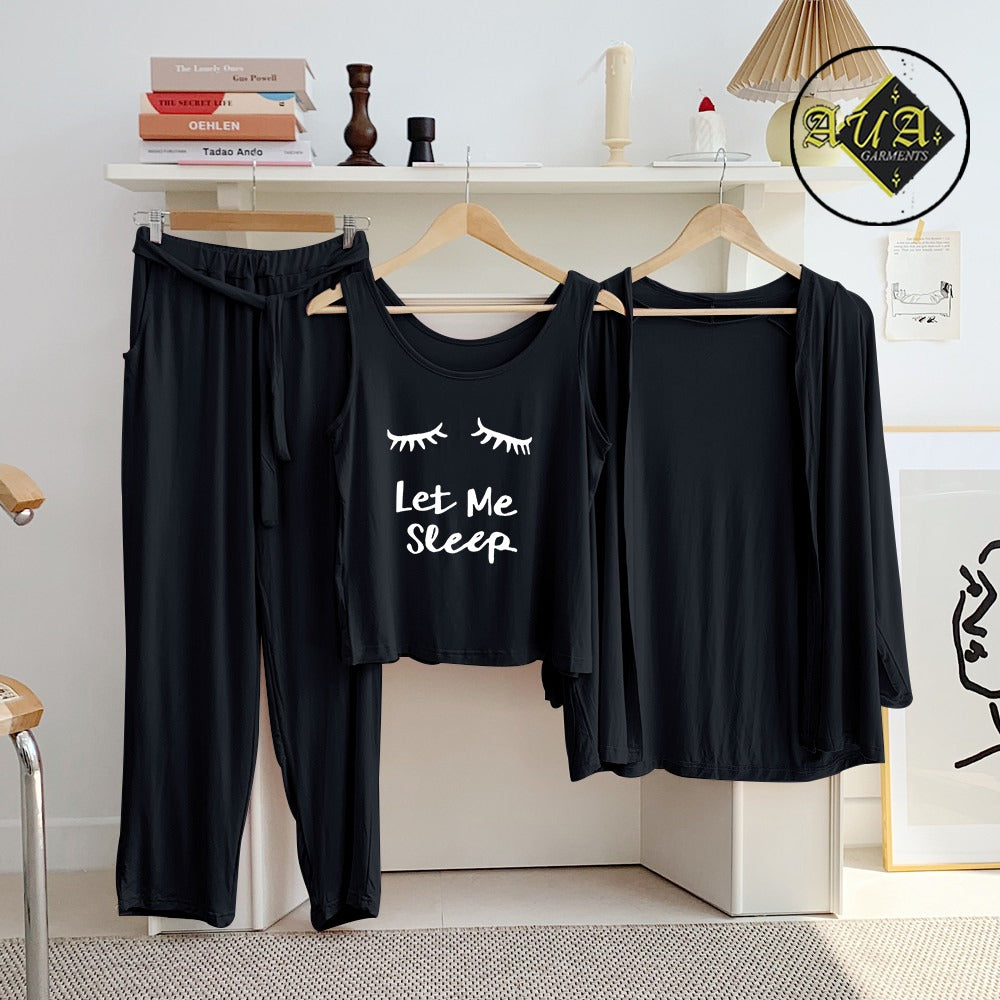 Black Let Me Sleep 3 Piece Lounge wear Nightwear Sleepwear For Women