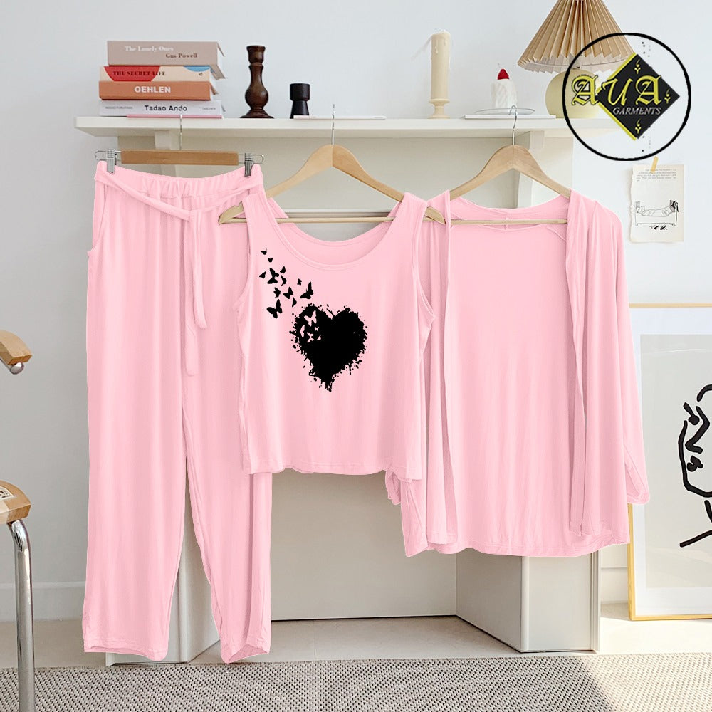 Baby Pink Flying Butterfly Heart 3 Piece Lounge wear Nightwear Sleepwear For Women