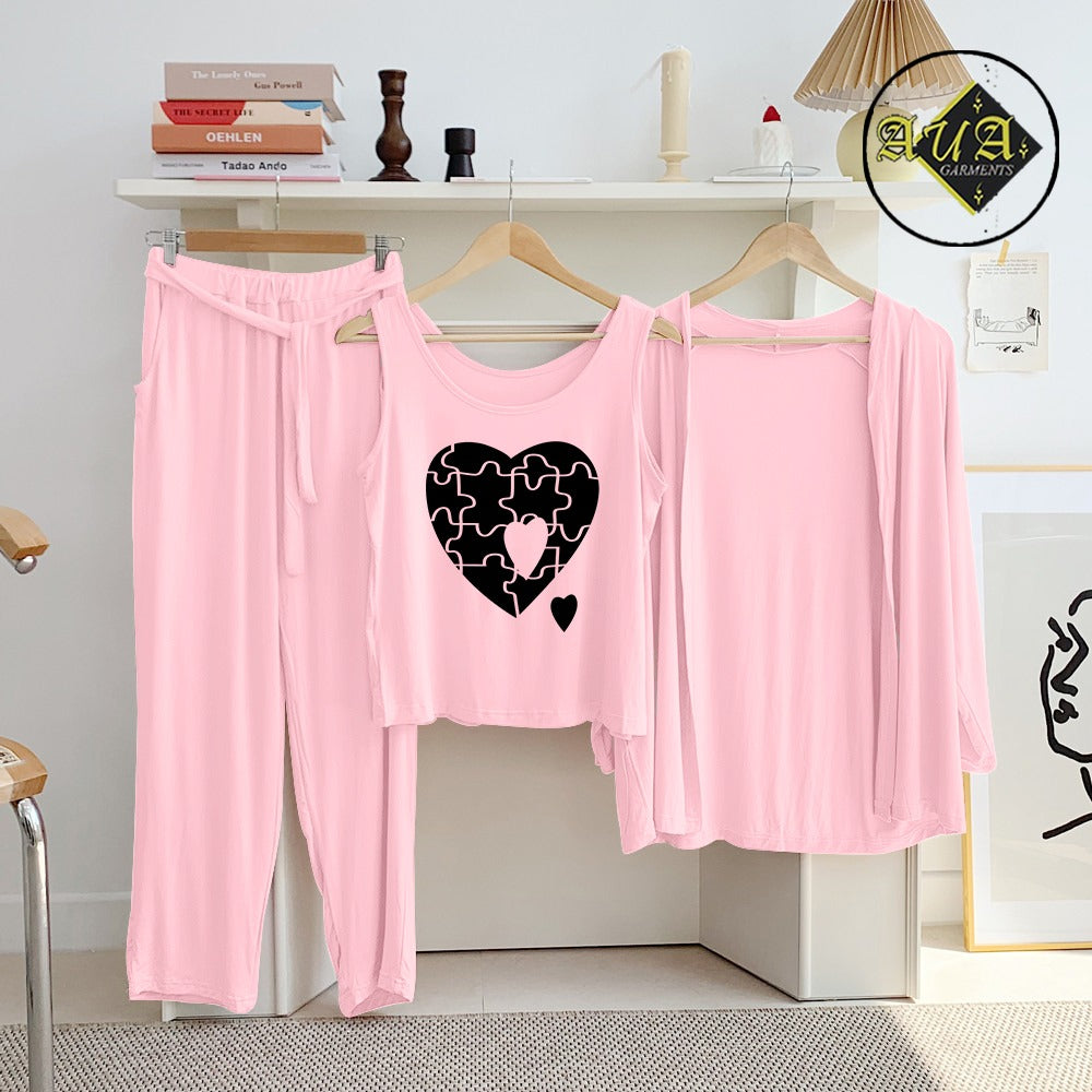 Baby Pink puzzel Heart 3 Piece Lounge wear Nightwear Sleepwear For Women