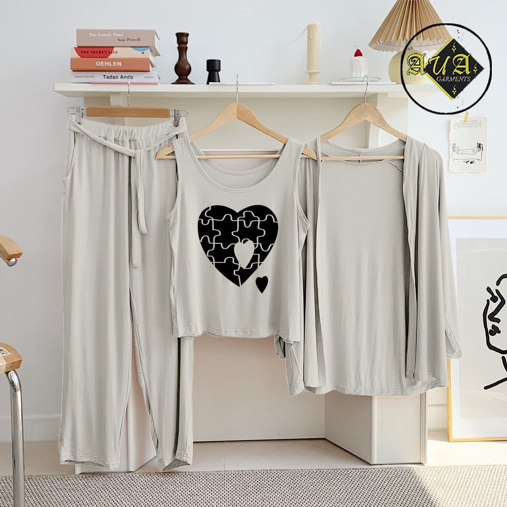 Light Green puzzel Heart 3 Piece Lounge wear Nightwear Sleepwear For Women