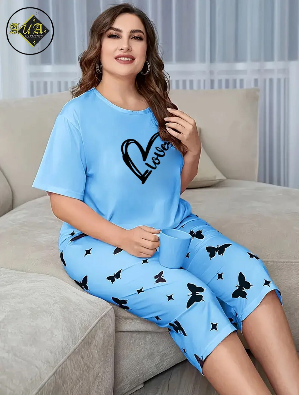 Sky Blue Love Heart Printed Half-Sleeved Vest For Leisure Home Wear Female Sleepwear Night Dress By Aua garments