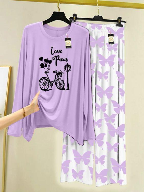 Purple Cycle Love paris Printed Nightwear Set with Butterfly Printed Trousers – Women's Lounge Wear (003)
