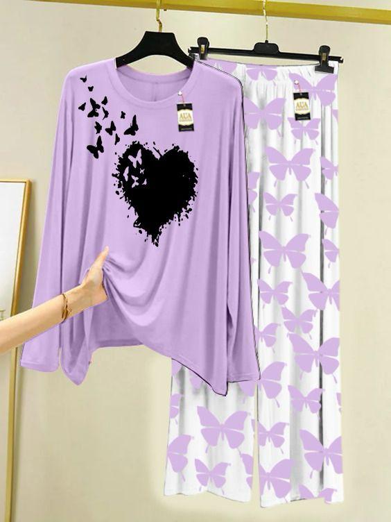 Purple Flying Butterfly Heart Printed Nightwear Set with Butterfly Printed Trousers – Women's Lounge Wear (003)