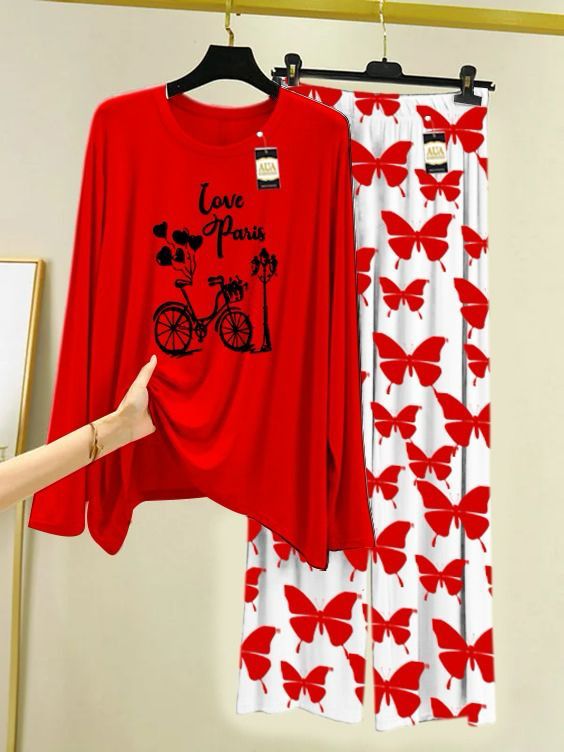 Red Cycle Love Printed Nightwear Set with Butterfly Printed Trousers – Women's Lounge Wear (003)