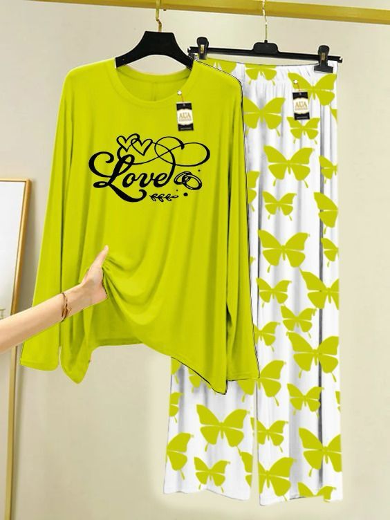 Green Love Printed Nightwear Set with Butterfly Printed Trousers – Women's Lounge Wear (003)
