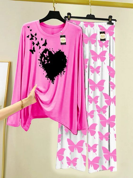 Pink Flying Butterfly Heart Printed Nightwear Set with Butterfly Printed Trousers – Women's Lounge Wear (003)
