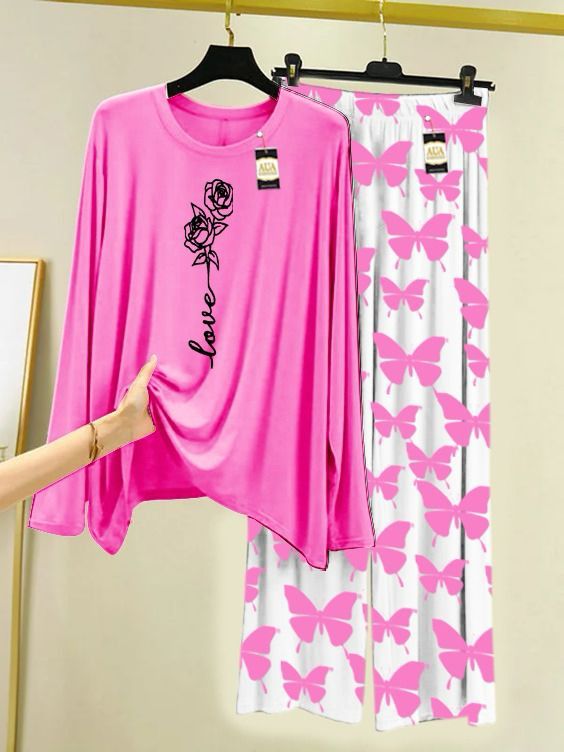 Pink Love Rose Printed Nightwear Set with Butterfly Printed Trousers – Women's Lounge Wear (003)