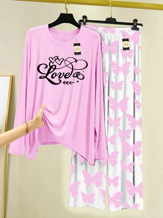 Baby Pink Love Printed Nightwear Set with Butterfly Printed Trousers – Women's Lounge Wear (003)