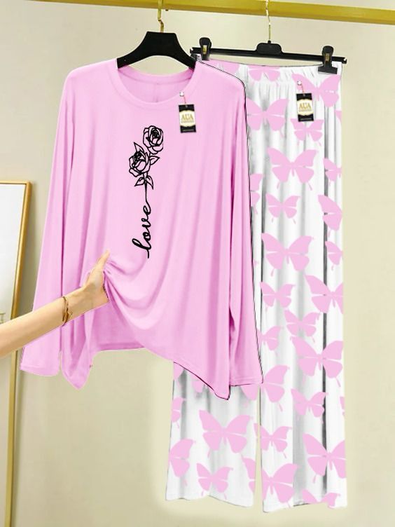 Baby Pink Rose Love Printed Nightwear Set with Butterfly Printed Trousers – Women's Lounge Wear (003)