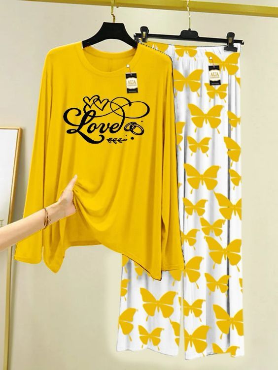 Yellow Love Printed Nightwear Set with Butterfly Printed Trousers – Women's Lounge Wear (003)