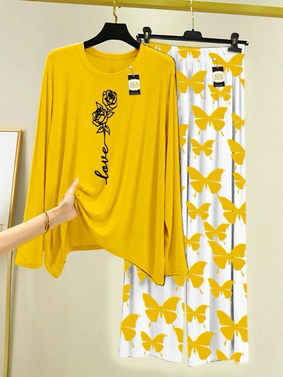 yellow Rose Love Printed Nightwear Set with Butterfly Printed Trousers – Women's Lounge Wear (003)