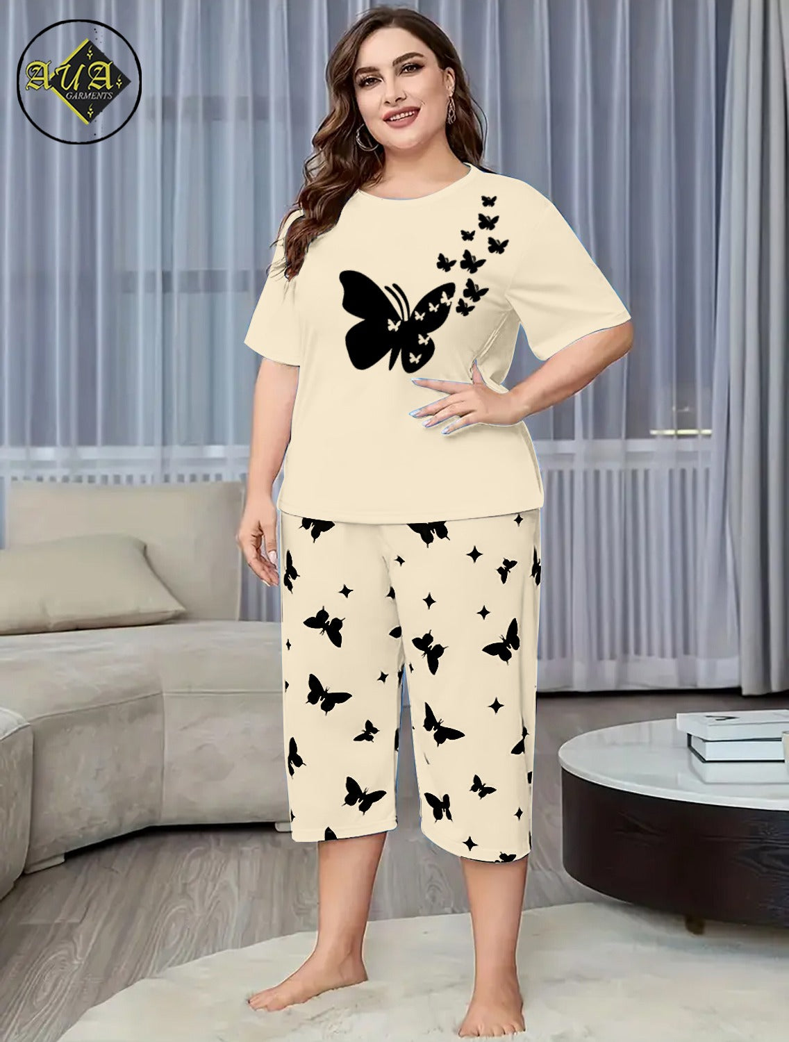 Grey Flying Butterfly Printed Half-Sleeved Vest For Leisure Home Wear Female Sleepwear Night Dress By Aua garments