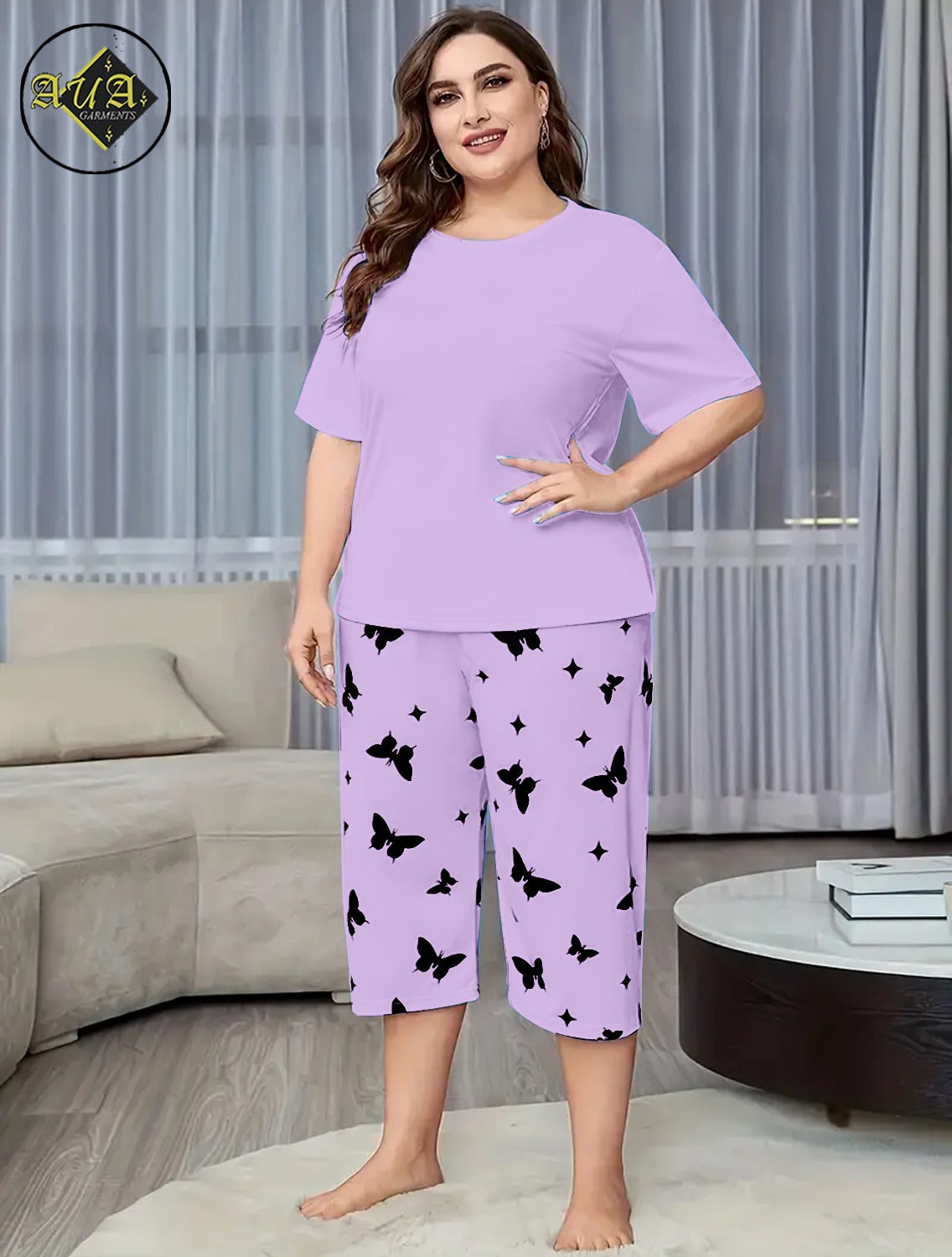Purple PLAN Printed Half-Sleeved Vest For Leisure Home Wear Female Sleepwear Night Dress By Aua garments