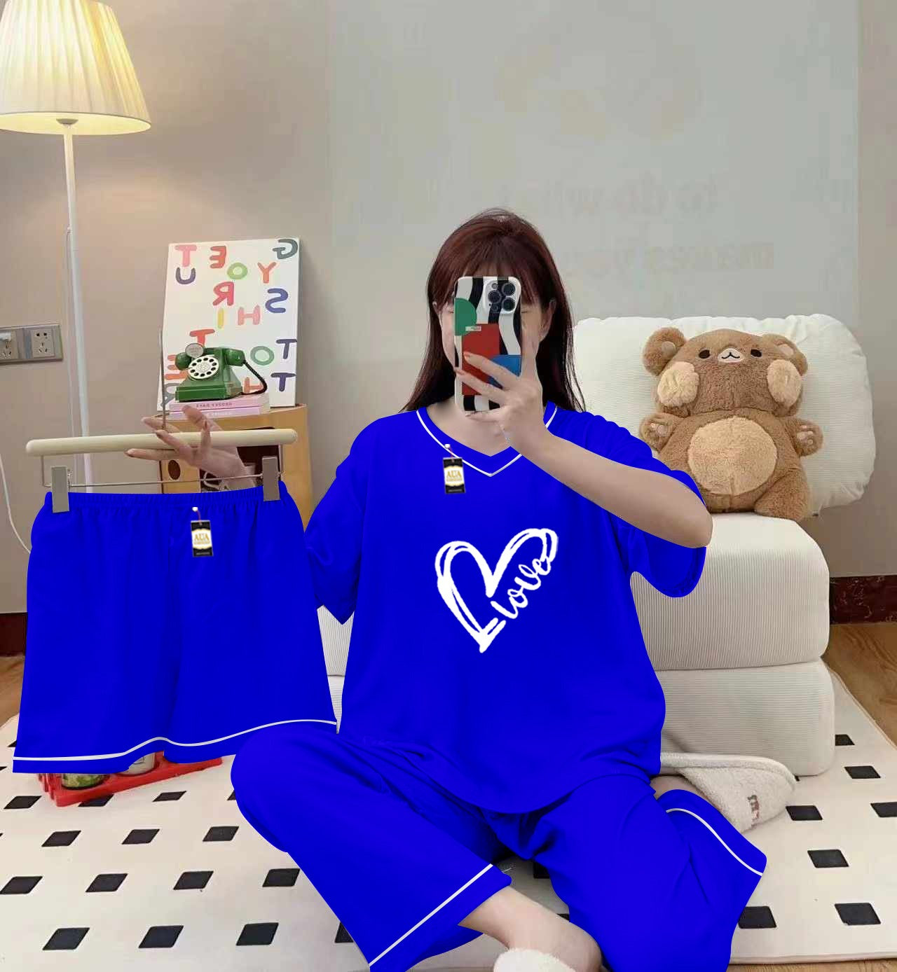 3-Piece Cami Nightwear Set for Women with Elegant White Borders Sky Blue Love Heart