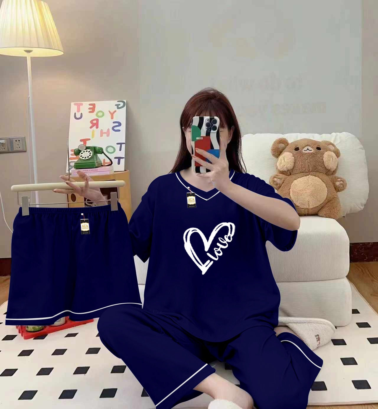 3-Piece Cami Nightwear Set for Women with Elegant White Borders Dark Blue Love Heart