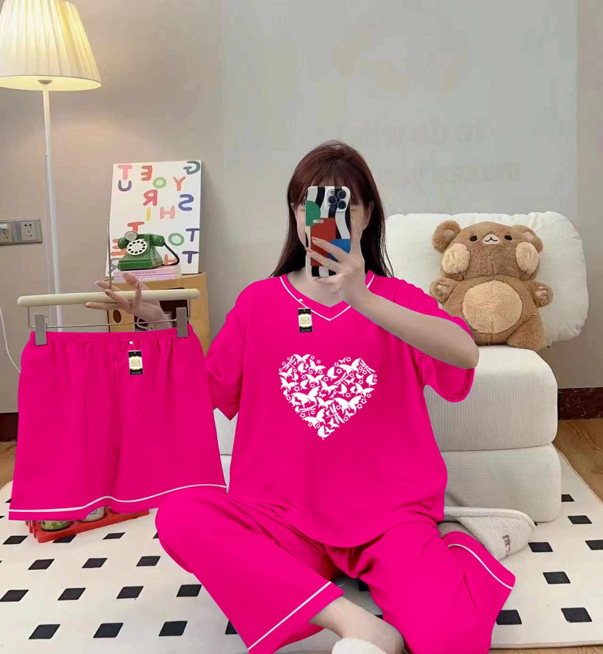 3-Piece Cami Nightwear Set for Women with Elegant White Borders PINK BUTTERFLY HEART