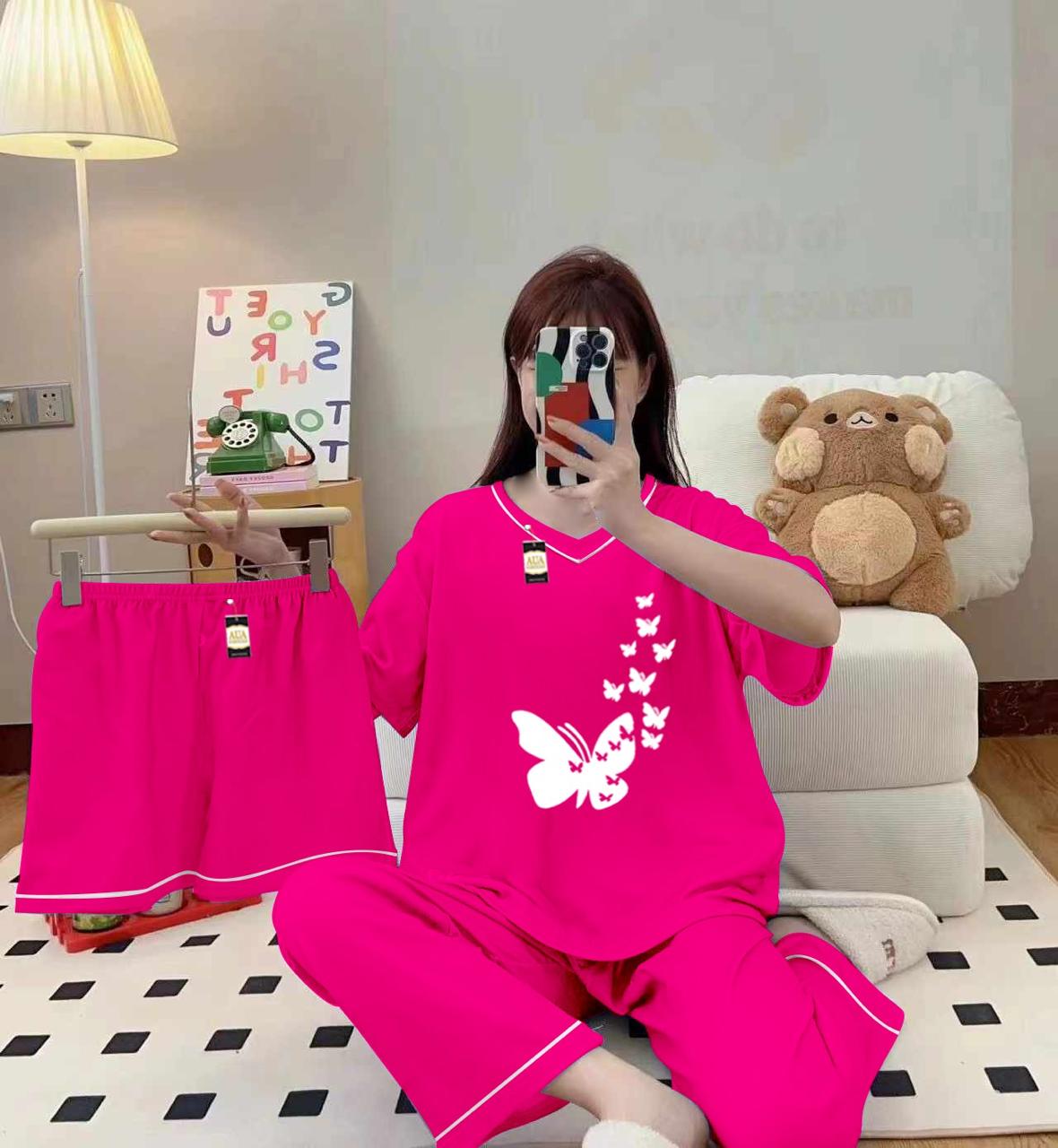 3-Piece Cami Nightwear Set for Women with Elegant White Borders PINK FLYING BUTTERFLY