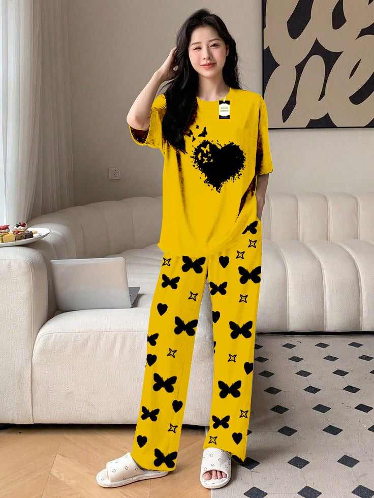 Yellow Flying Heart Printed Nightwear Set With Star Butterfly Printed Trousers – Women's Lounge Wear (010)