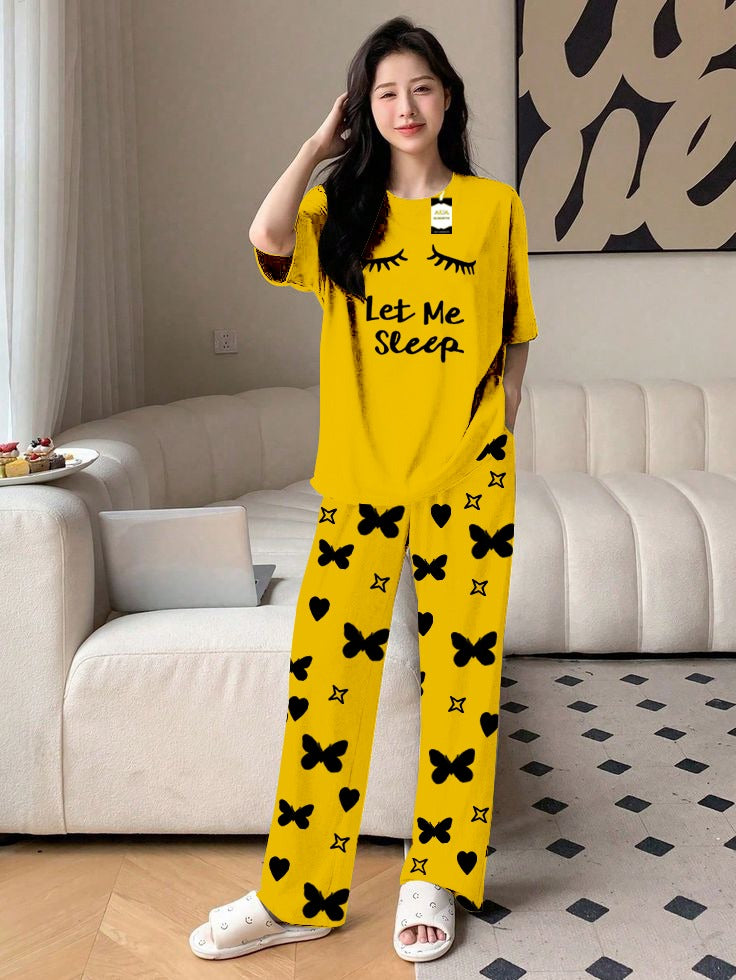 Yellow Let Me Sleep Printed Nightwear Set With Star Butterfly Printed Trousers – Women's Lounge Wear (010)