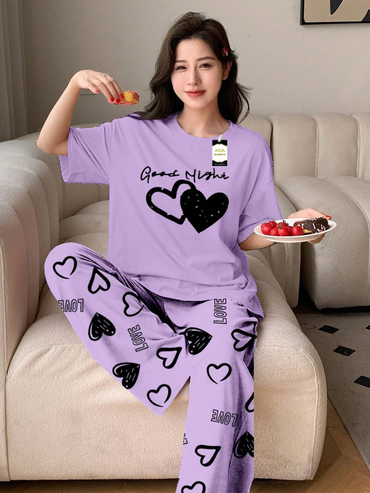 Purple Good Night Heart Printed Nightwear Set With Love Heart Printed Trousers – Women's Lounge Wear (011)