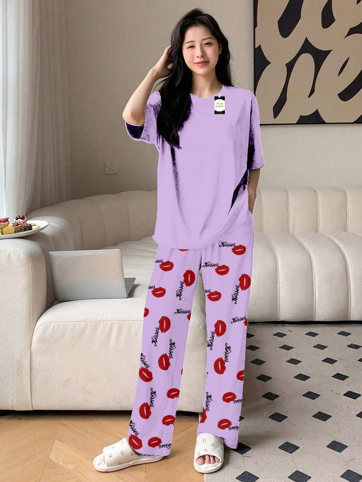 Plan Purple Printed Nightwear Set With Kiss Printed Trousers – Women's Lounge Wear (014)