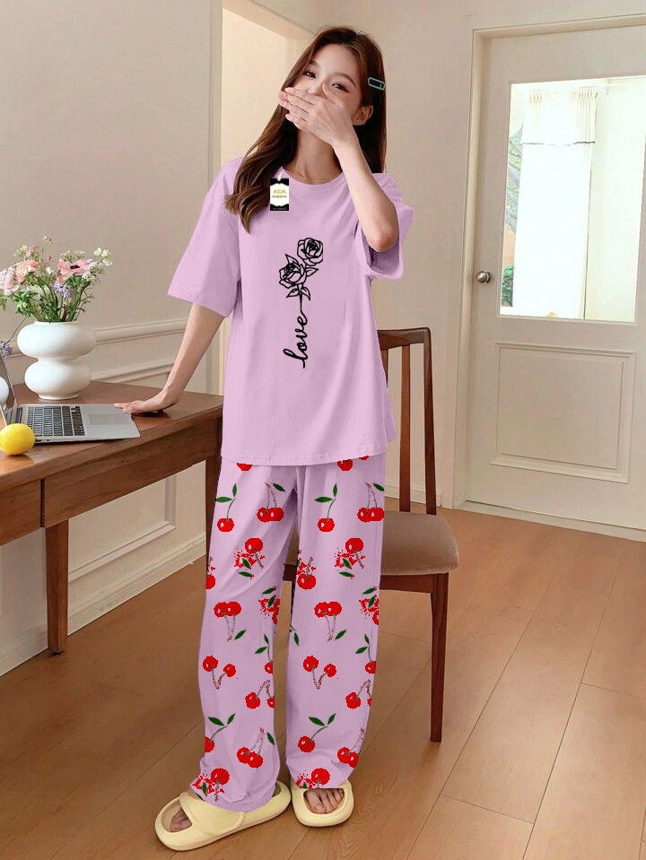 Baby pink Rose Love Printed Nightwear Set With Cherry Printed Printed Trousers – Women's Lounge Wear (014)