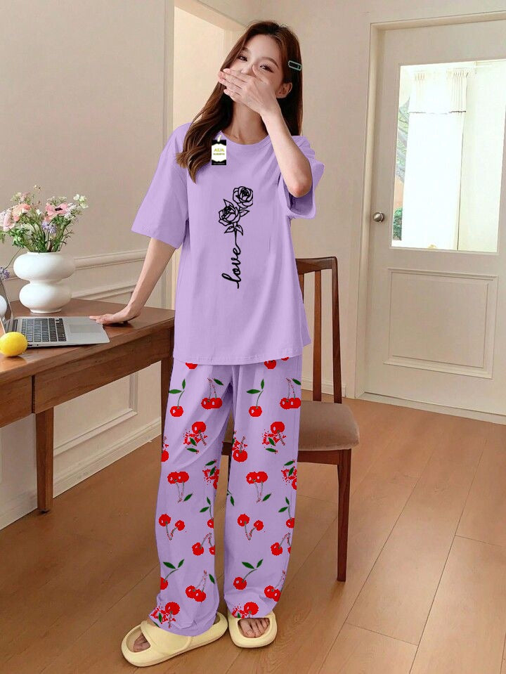 PURPLE ROSE LOVE Printed Nightwear Set With Cherry Printed Printed Trousers – Women's Lounge Wear (014)