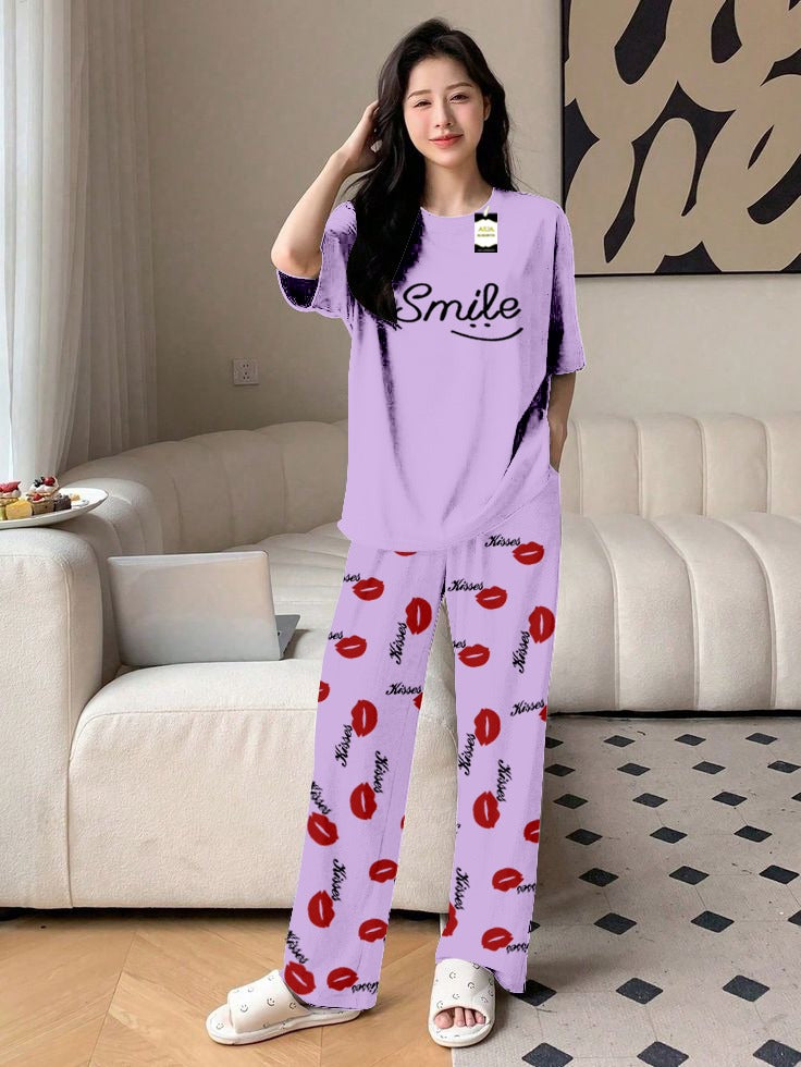 Purple Smile Printed Nightwear Set With Kiss Printed Trousers – Women's Lounge Wear (014)