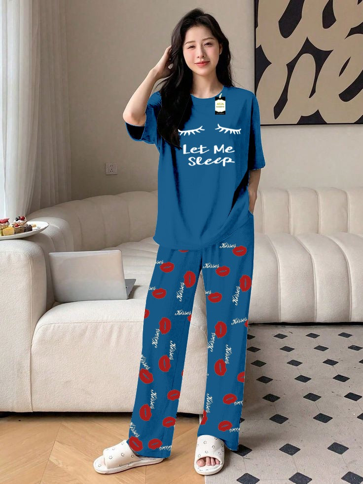 Blue Let Me Sleep Printed Nightwear Set With Kiss Printed Trousers – Women's Lounge Wear (014)
