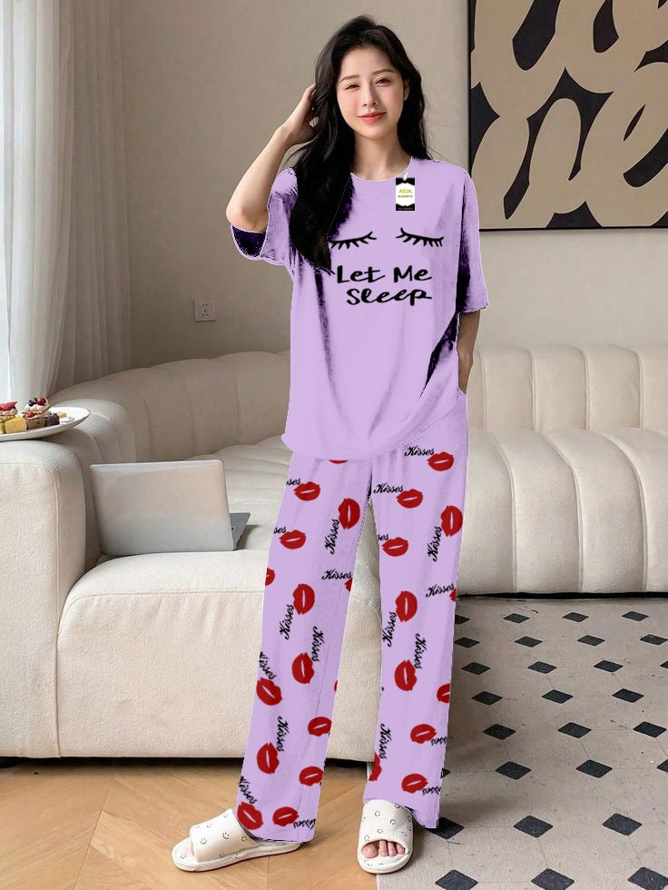 Purple Let Me Sleep Printed Nightwear Set With Kiss Printed Trousers – Women's Lounge Wear (014)