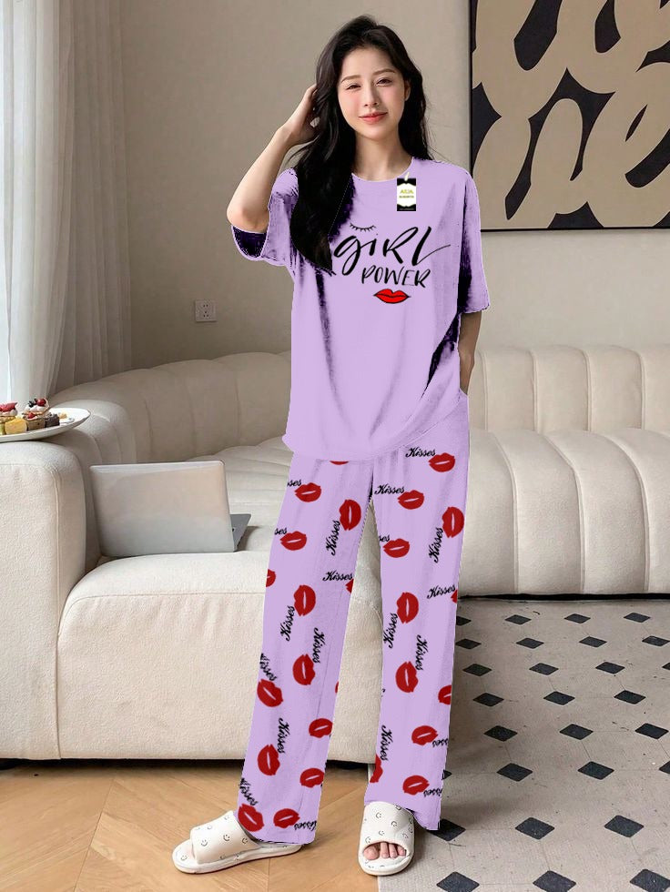 Purple Girls Power Printed Nightwear Set With Kiss Printed Trousers – Women's Lounge Wear (014)