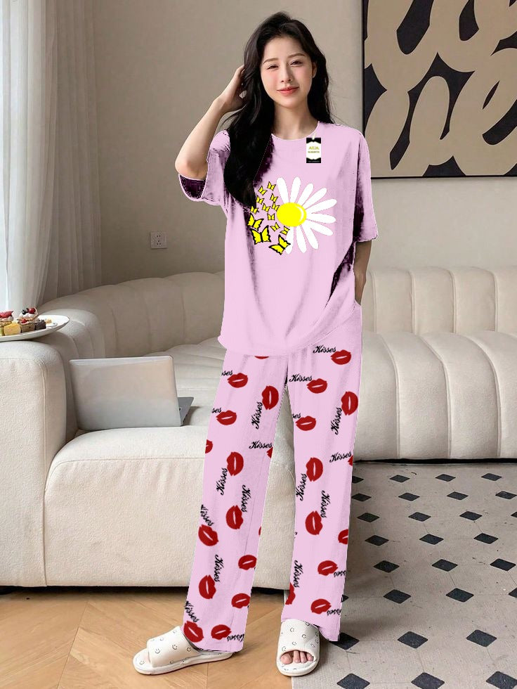 Bbay pink Sunflower Printed Nightwear Set With Kiss Printed Trousers – Women's Lounge Wear (014)