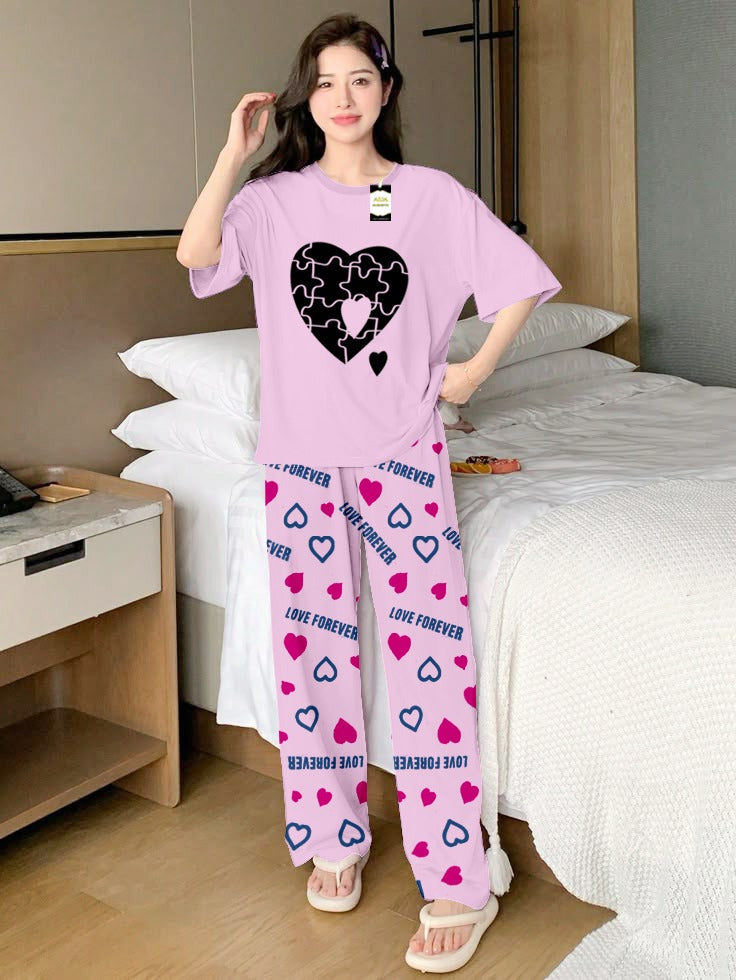 Baby Pink Puzzel Heart Printed Nightwear Set With Love Forever Printed Trousers – Women's Lounge Wear (013)