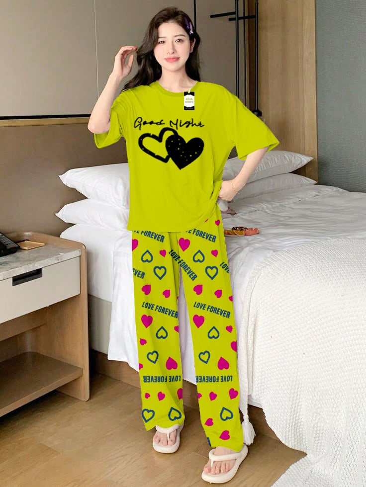 Green Double Heart Printed Nightwear Set With Love Forever Printed Trousers – Women's Lounge Wear (013)