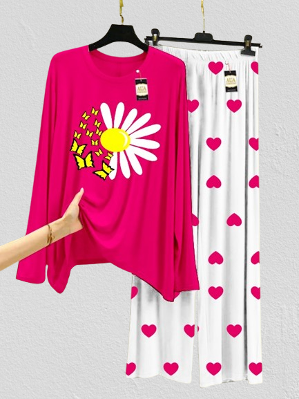 Pack Of 2 Pink & Black Mini Heart Printed Trouser & T-Shirt(Flying Butterfly Heart &Sunflower)