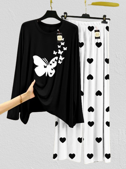 Pack Of 2 Pink & Black Mini Heart Printed Trouser & T-Shirt