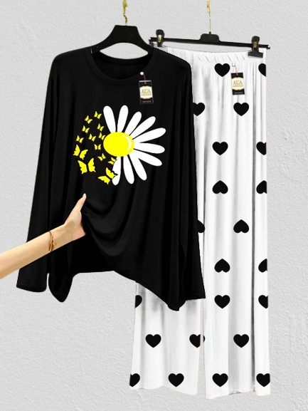 Pack Of 2 Black & Pink Mini Heart Printed Trouser & T-Shirt (Flying Butterfly & Sunflower)