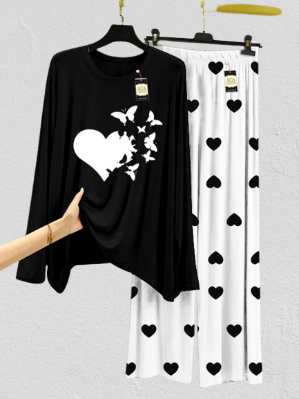 Pack Of 2 Pink & Black Mini Heart Printed Trouser & T-Shirt(Flying Butterfly Heart &Sunflower)