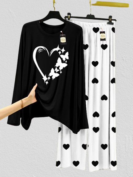 Pack Of 2 Red & Black Mini Heart Printed Trouser & T-Shirt