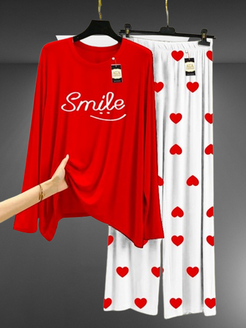Pack Of 2 Red & Black Mini Heart Printed Trouser & T-Shirt