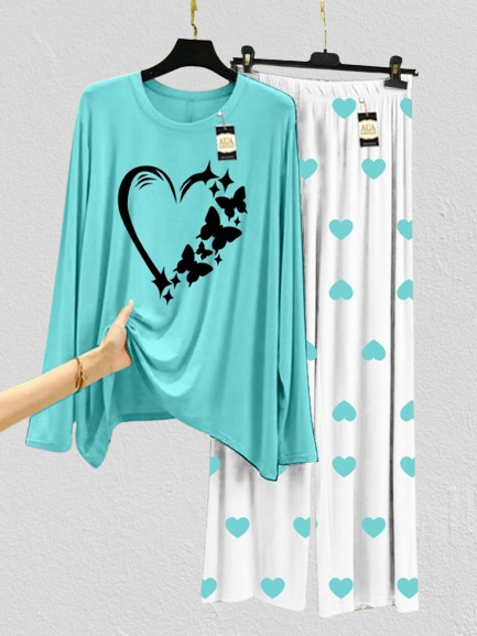Aqua blue Butterfly Heart Printed MIni Heart Printed Trouser (001)