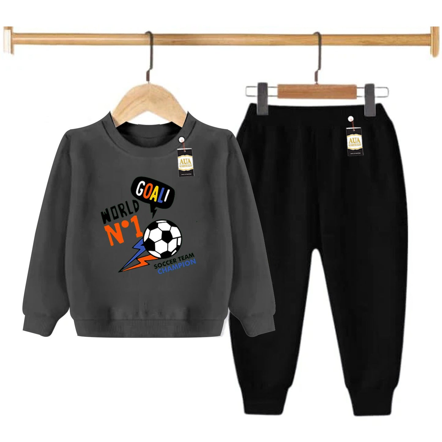 Dark Grey and Black (Goal No 1) Printed Kids Tracksuit for Winter By Aua Garments