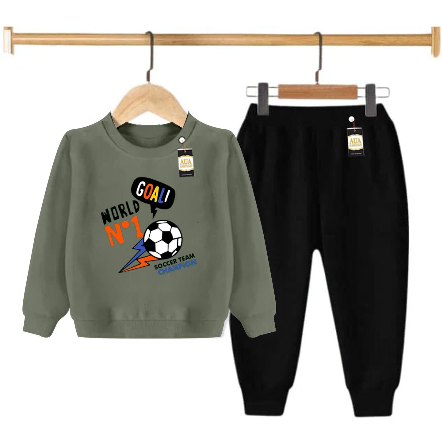 Light Green and Black (Goal No 1 ) Printed Kids Tracksuit for Winter By Aua Garments