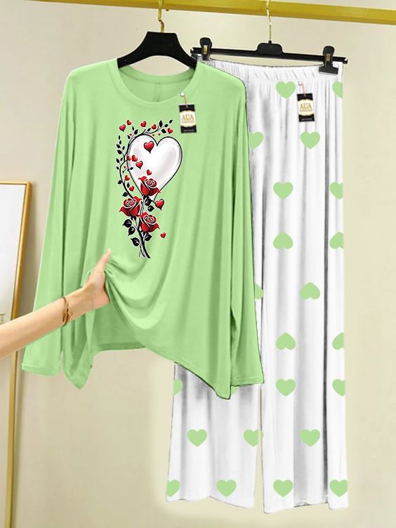 SEA GREEN ROSE HEART Printed MIni Heart Printed Trouser (001)